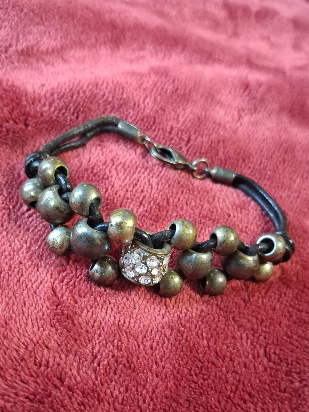Rhinestone Accent Double Strand Bead Bracelet - Gold Leather Strap